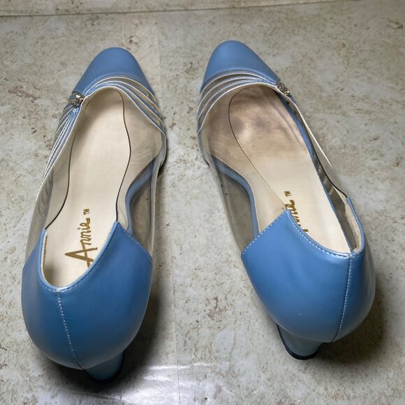 Vintage Womens Princess Blue Pumps Clear Sides Silver Accents Retro Prom Wedding - Picture 4 of 12
